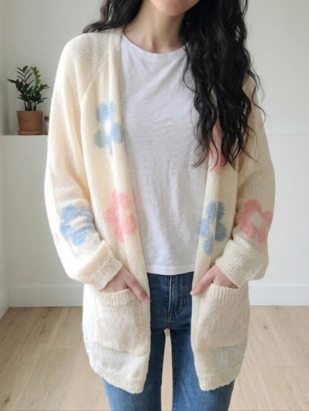POL Womens Delicate Daisy Cream Cardigan Size Large
